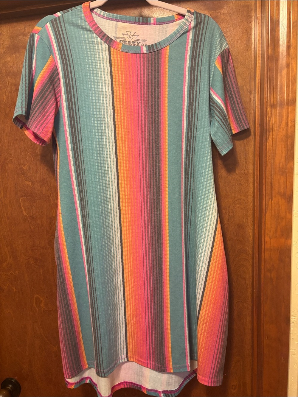Colorful Stripe Tee Dress in Teal and Pink